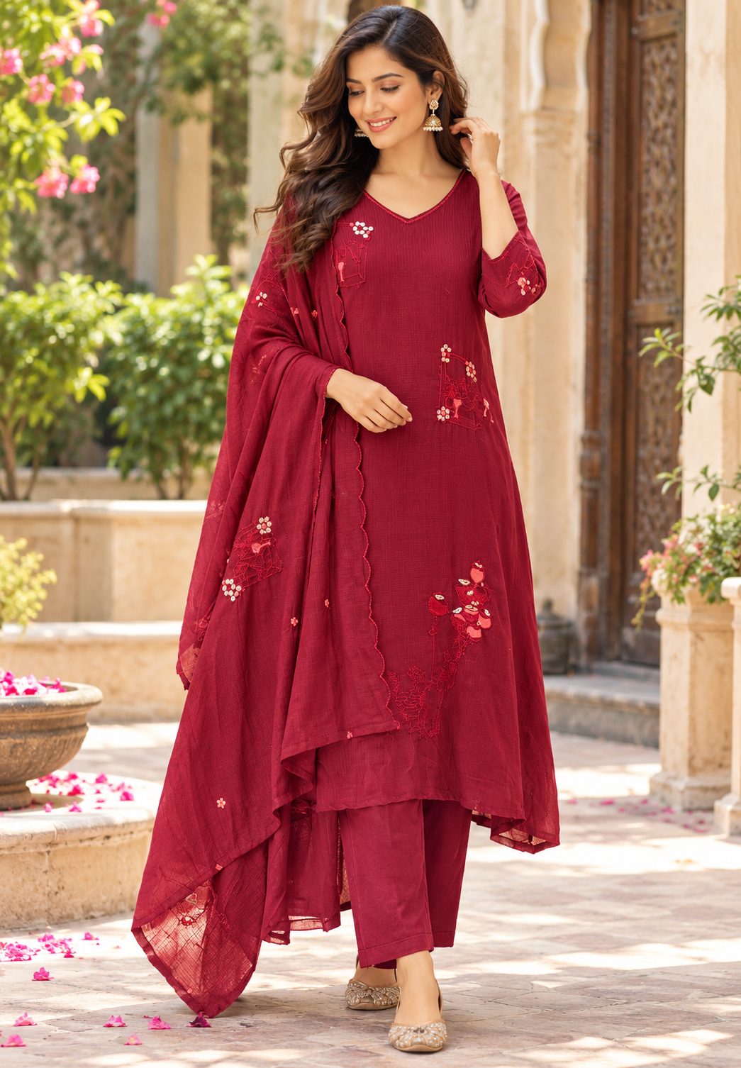 Banarasi Kota Checks Intricate Scattered Floral Embroidery A-Line Solid Full Suit Set With Dupatta- 16882