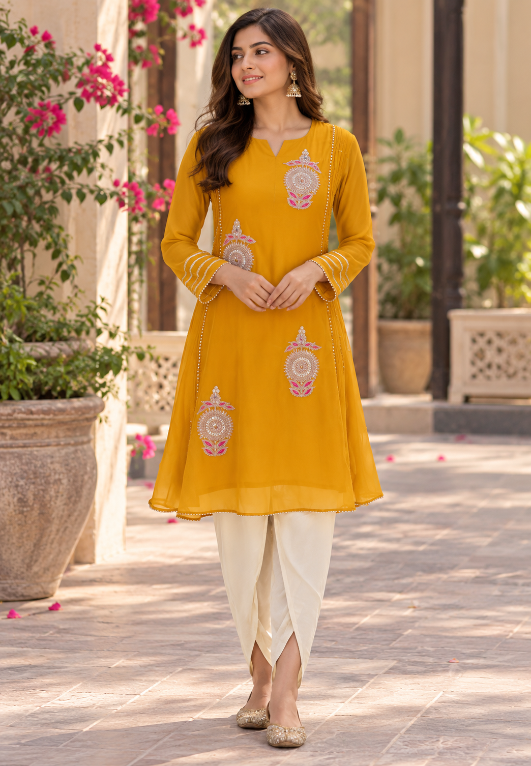 Pure Mulchanderi Scattered Embroidered A-line Short Length Kurta with Tulip Bottom- 16930