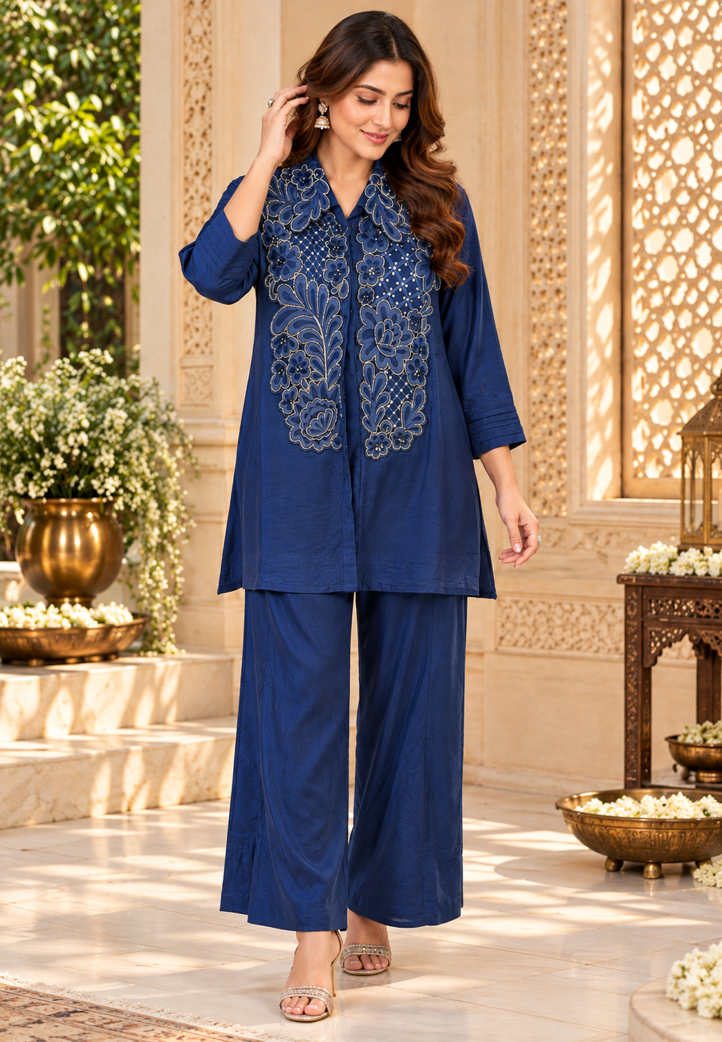 Glamrous Blue Floral Cut-Work Embroidery Matching Co-Ord Set- 16814