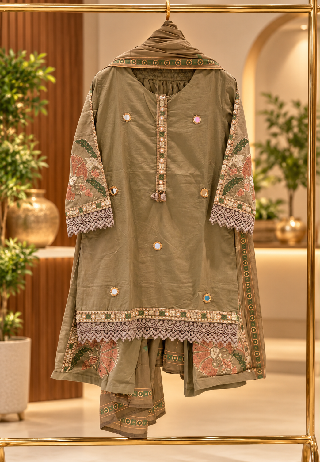 Taupe Cotton Short Length Kurta Full Suit Set with Lace Detailing & Mirror Work- 16791