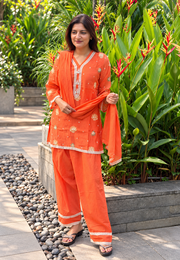 Orange Mul Chanderi Full Suit Set with Short Kurta,Matching Bottom & Dupatta 16909