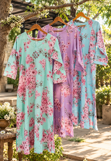 Pastel Hue Spring Floral Printed Linen Cotton Long Kurti Only- 17076