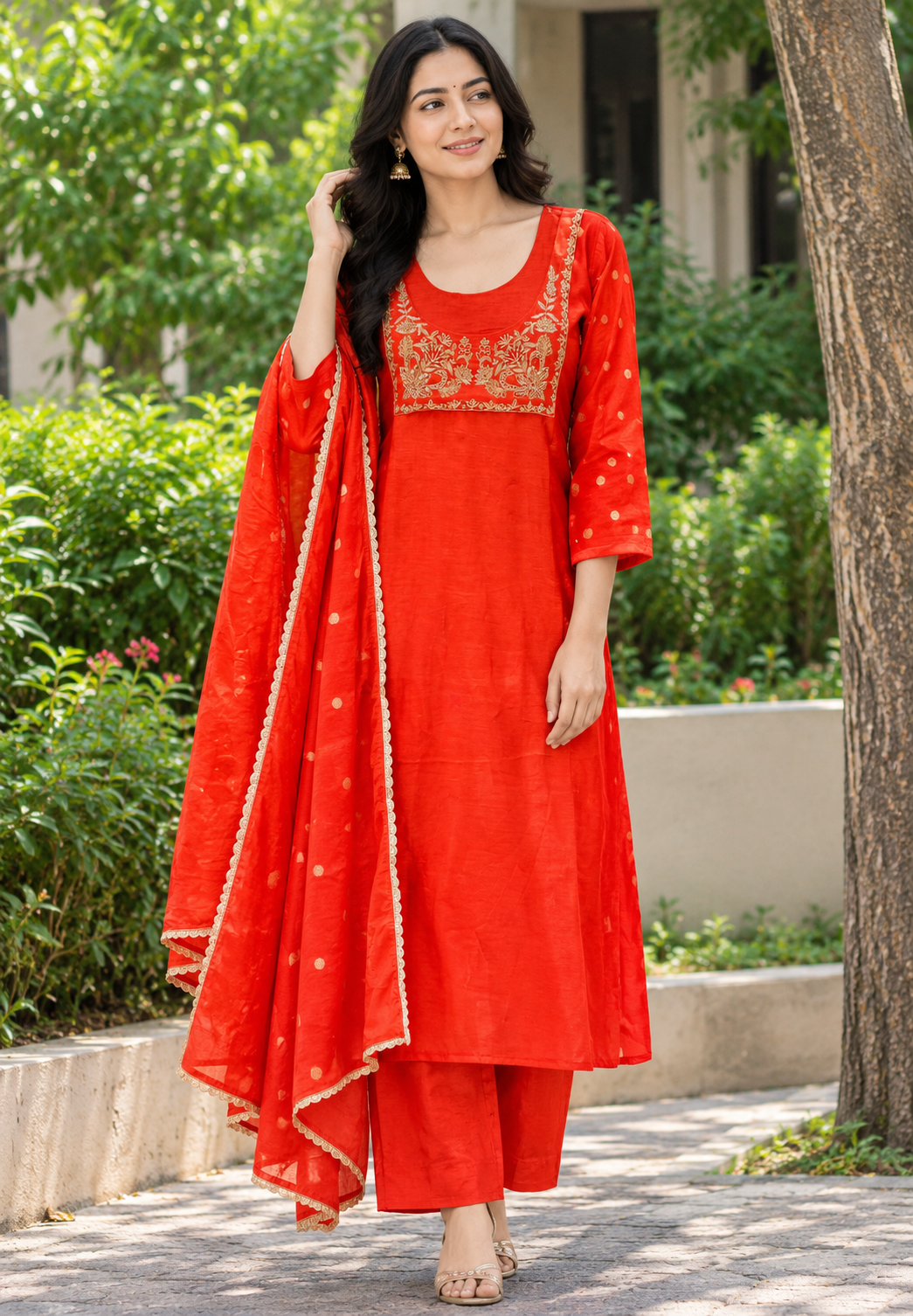 Pure Mulchanderi Aline Full Suit with Elegant Zardozi Embroidery, Polka Dot Motifs & Matching Dupatta Bottom Set- 16928,16947