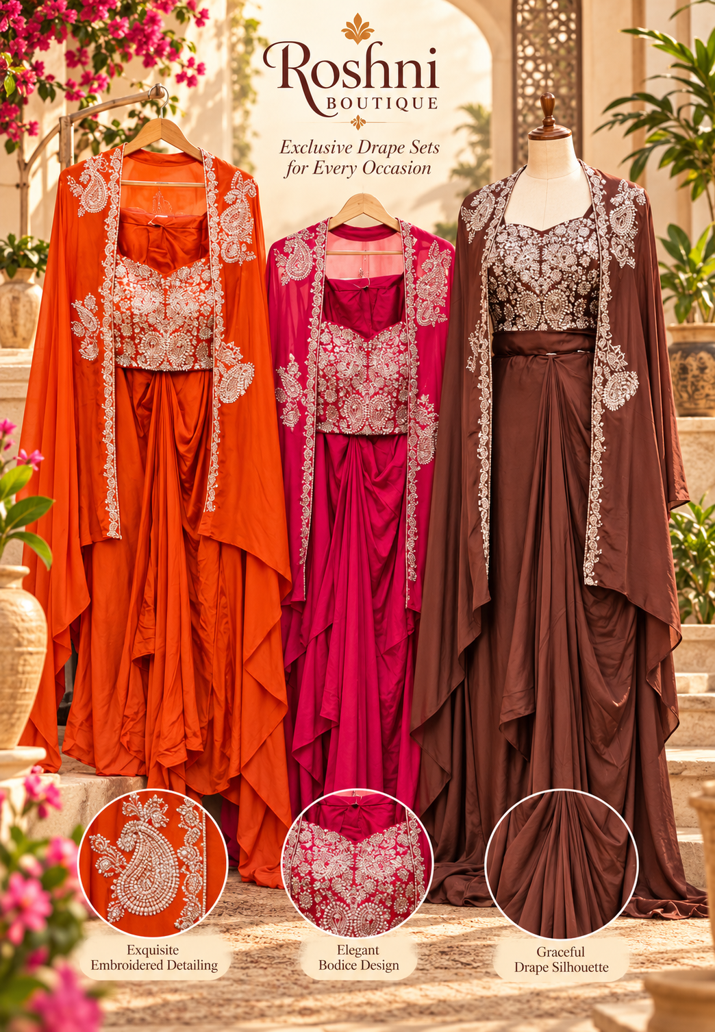 Luxury Chinon 3-Piece indowestern Heavy Embroidery,Crop Top with Dhoti & Flowing Cape 16826