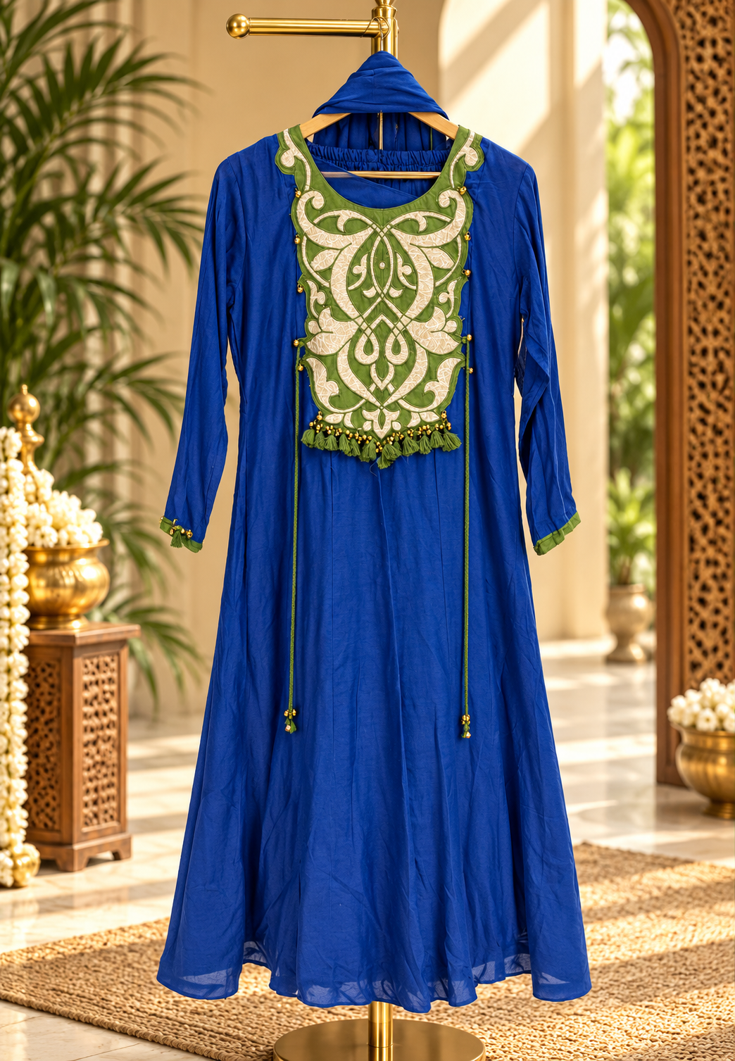 Royal Blue Appliqué with Green Contrast Patchwork & Tassel Details Anarkali Full Suit Set With Dupatta- 16927