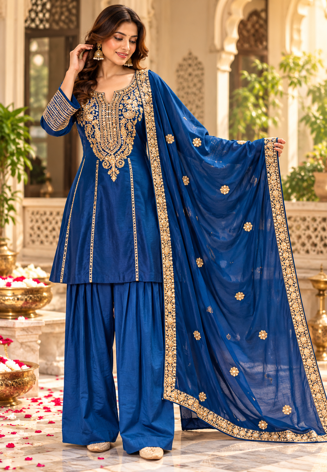 Silk Short Kurta Set with Heavy  Embroidered Yoke Premium Festive Wear Farshi Bottom Full Set- 16822