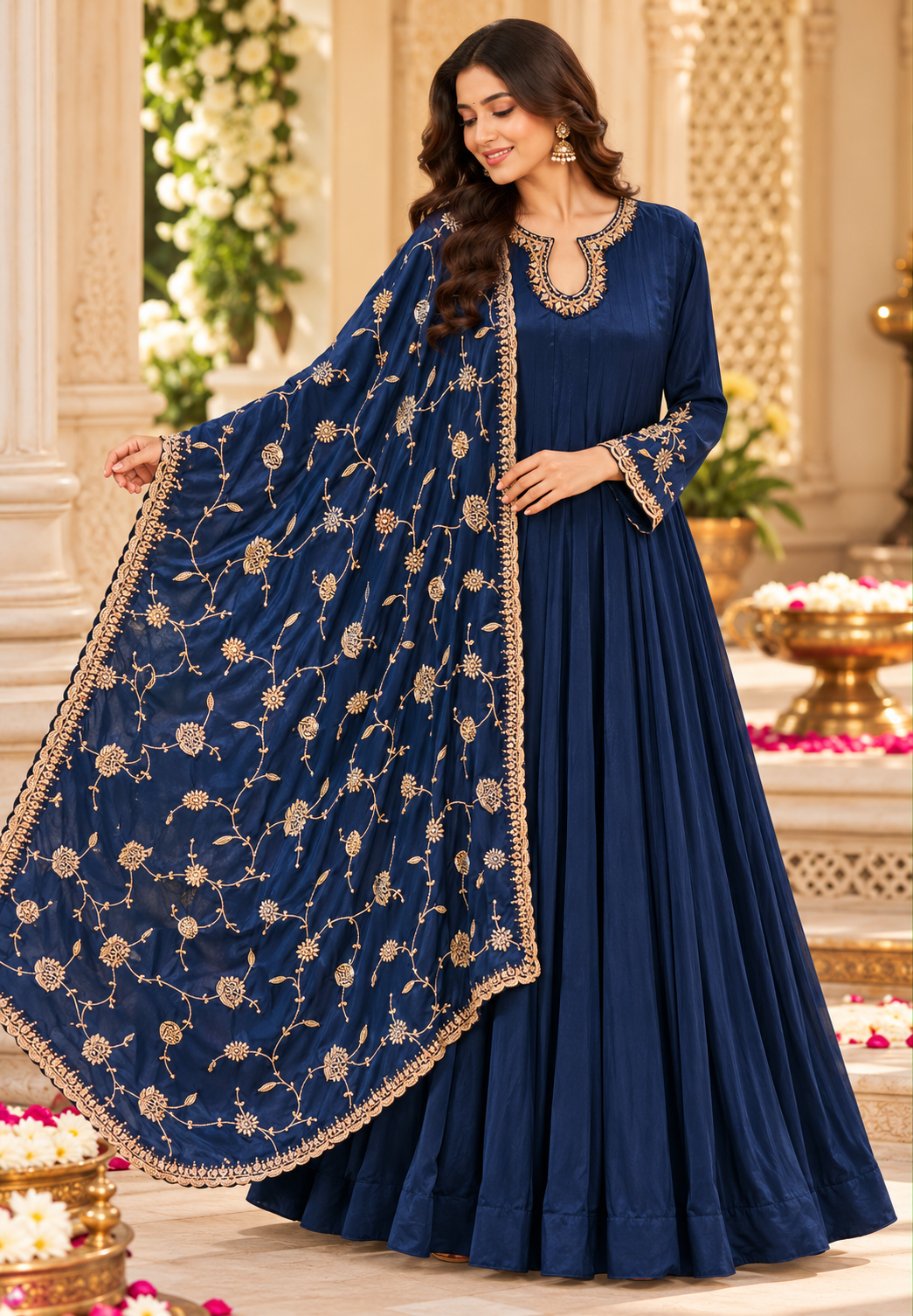 Chinon Anarkali Suit Floor Length with Heavy Golden Embroidered Dupatta, Intricate cutdana Work on Neck 16917