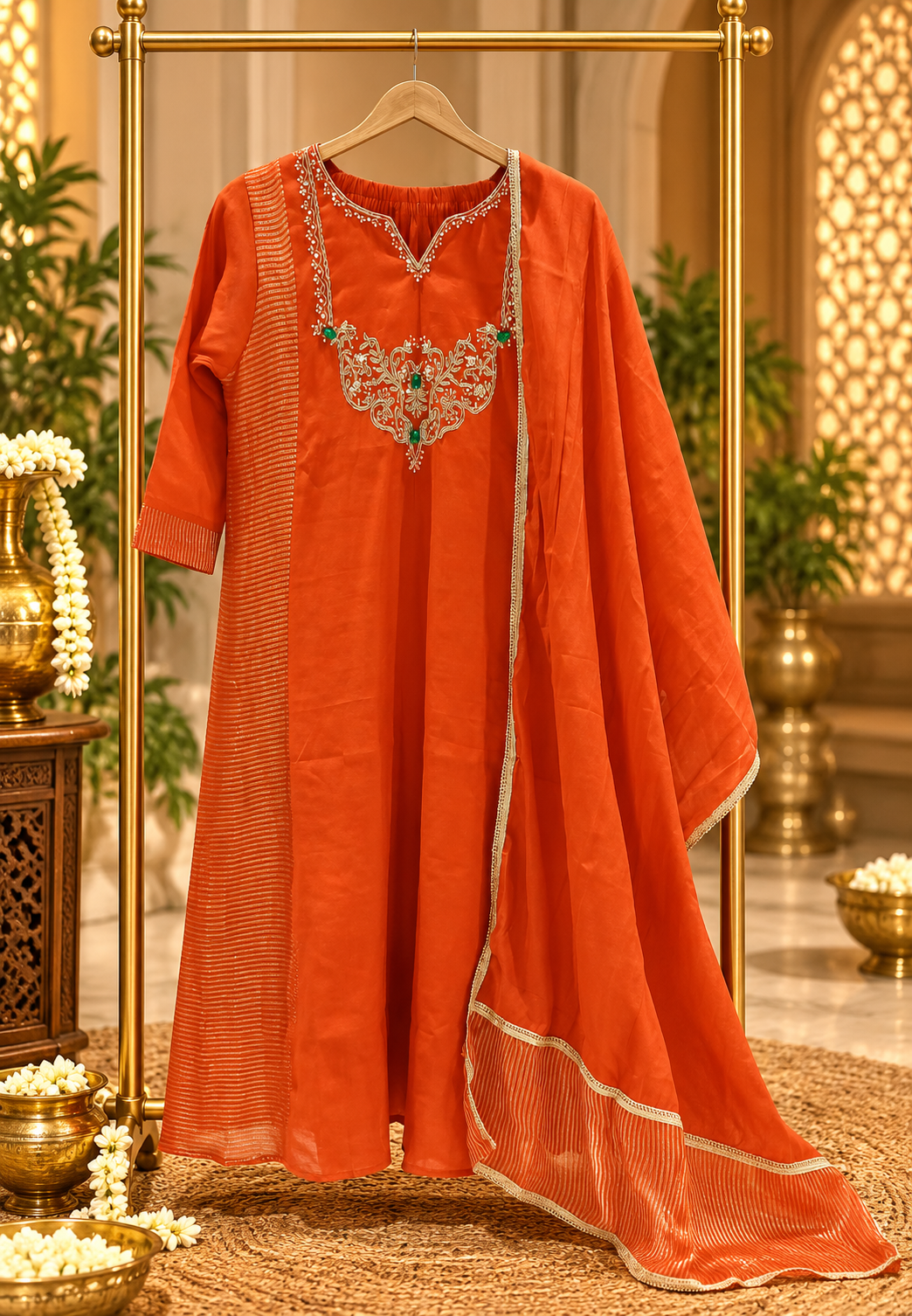 Rust Orange Surat Mulchanderi A-Line Suit with Intricate Golden Floral Embroidery Full Suit Set 16855