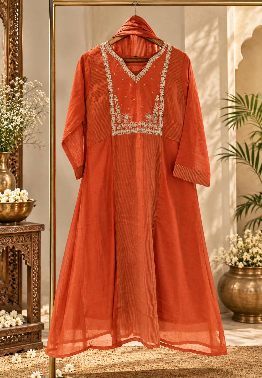 Blunt Orange Zardosi Embroidery Silk Tissue A-Line Full Suit Set With Dupatta- 16832
