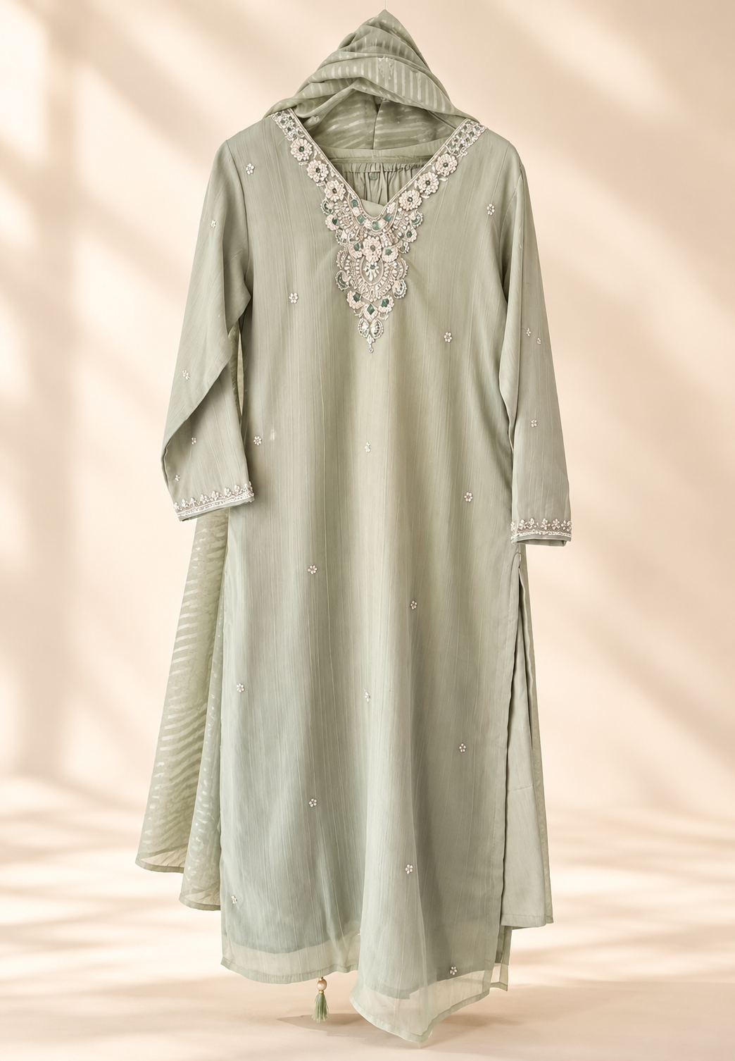 Silver Sequin Embroidered Neckline Tissue Elegance Full Suit Set With Dupatta- 15892