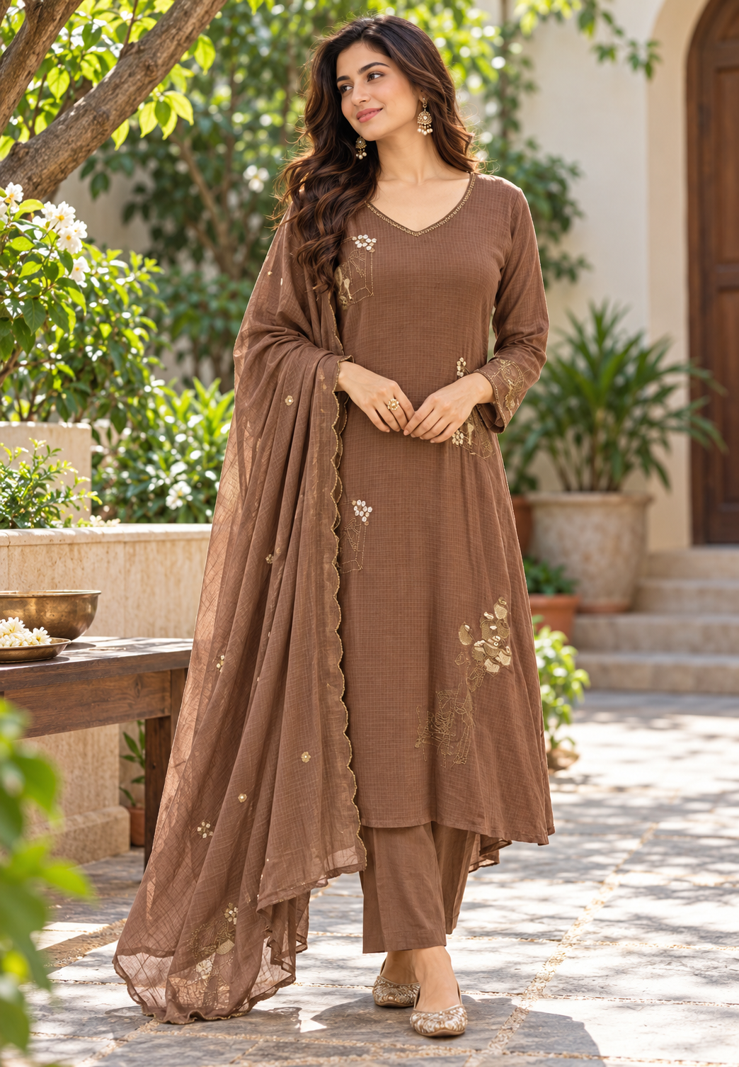 Banarasi Kota Checks Intricate Scattered Floral Embroidery A-Line Solid Full Suit Set With Dupatta- 16882