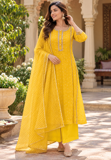 Kota Doria Vibrant Bandhej Print Golden Lace Trimmed Highlights A-Line Full Suit Set With Dupatta- 16951