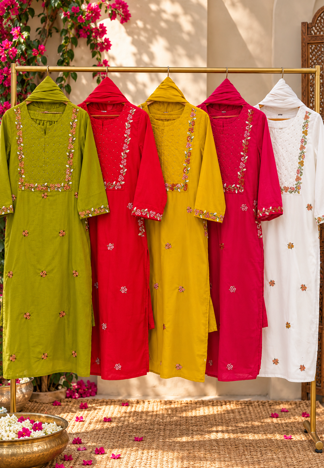 Fine Floral Embroidery Outlines Soft Cotton Matching Full Suit Set With Dupatta- 16980