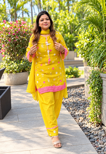 Mustard Yellow Mul Chanderi Full Suit Set with Floral Embroidery, Pink Lace Detailing,Bottom & Dupatta 16904