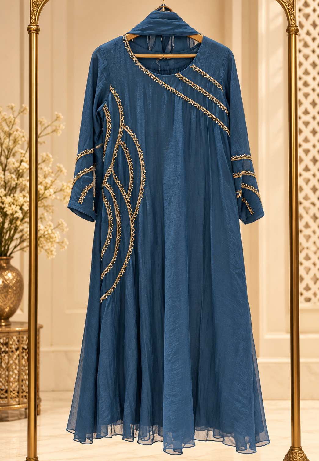 Dabka Assymmetric Embroidery Work Solid A-Line Banarasi Mul-Chanderi Full Suit Set With Dupatta- 16301