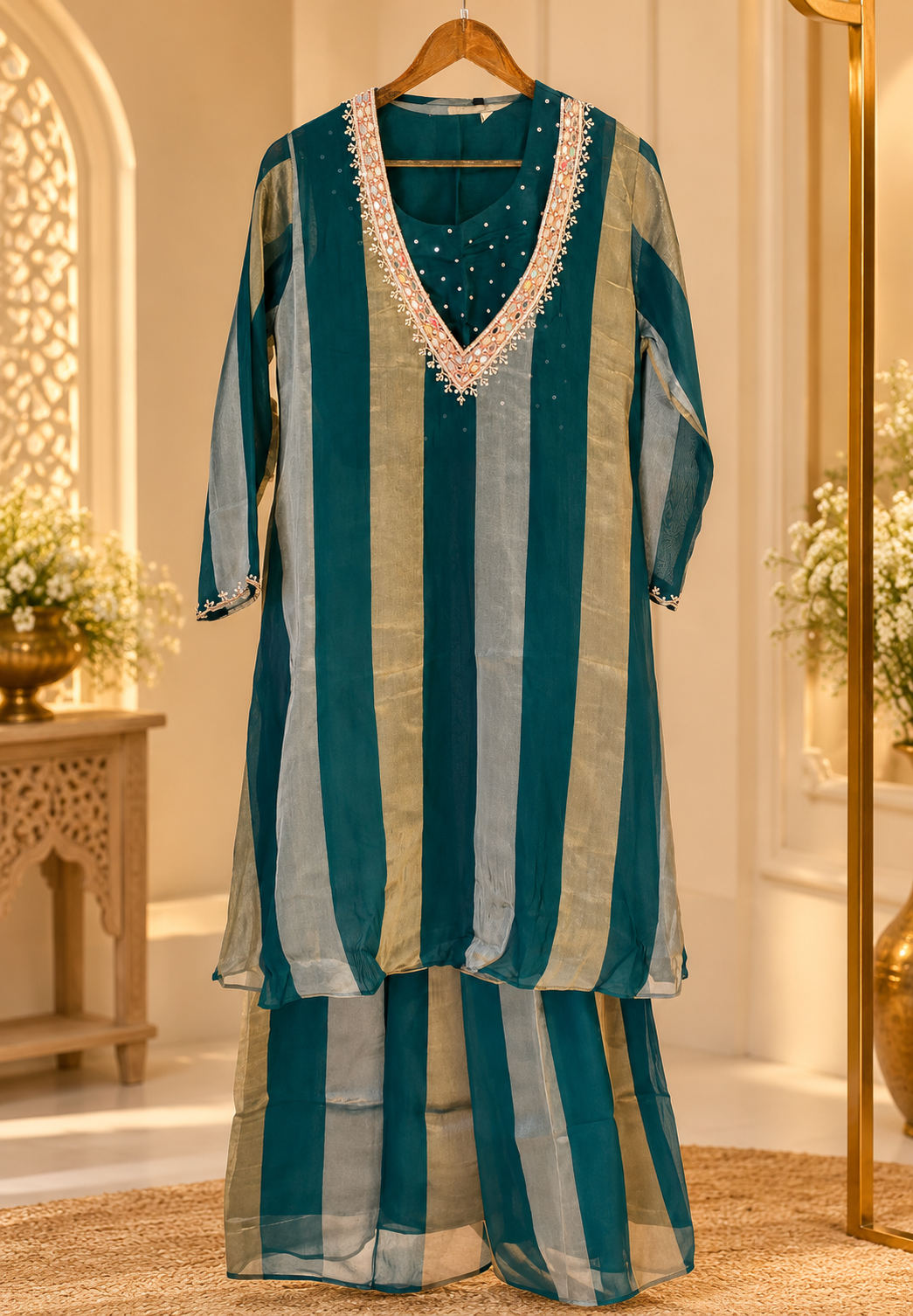 Elegant Yoke-Line Embroidered Outer Kurta With Matching Bustier & Loose Bottom- 16743