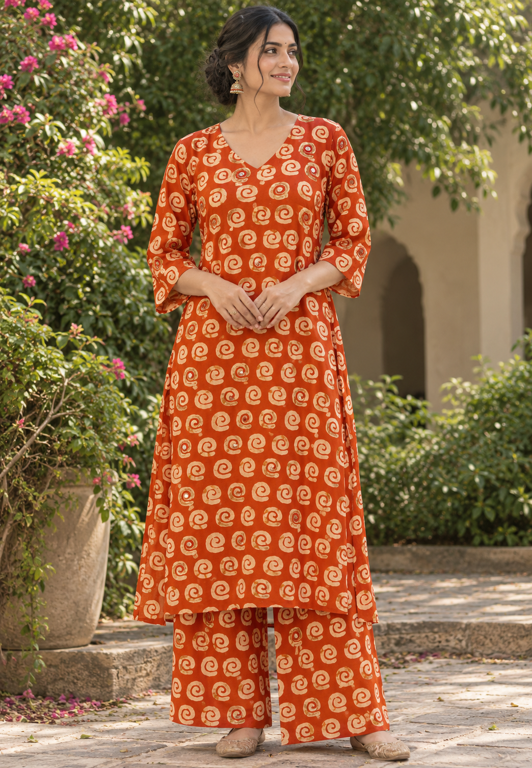 Pure Cotton Printed Aline Side Cut  Kurta with Embellished Mirror Work And Loose Bottom- 16698