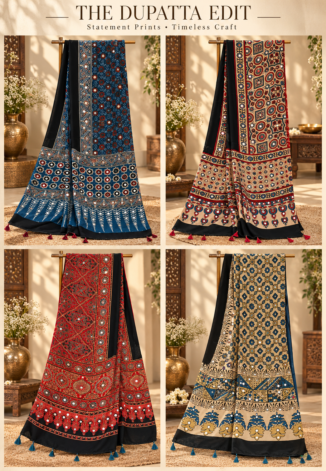 Ajrak Print Dupatta Mural Satin Fabric With Stick on Real Mirror Work- 16398