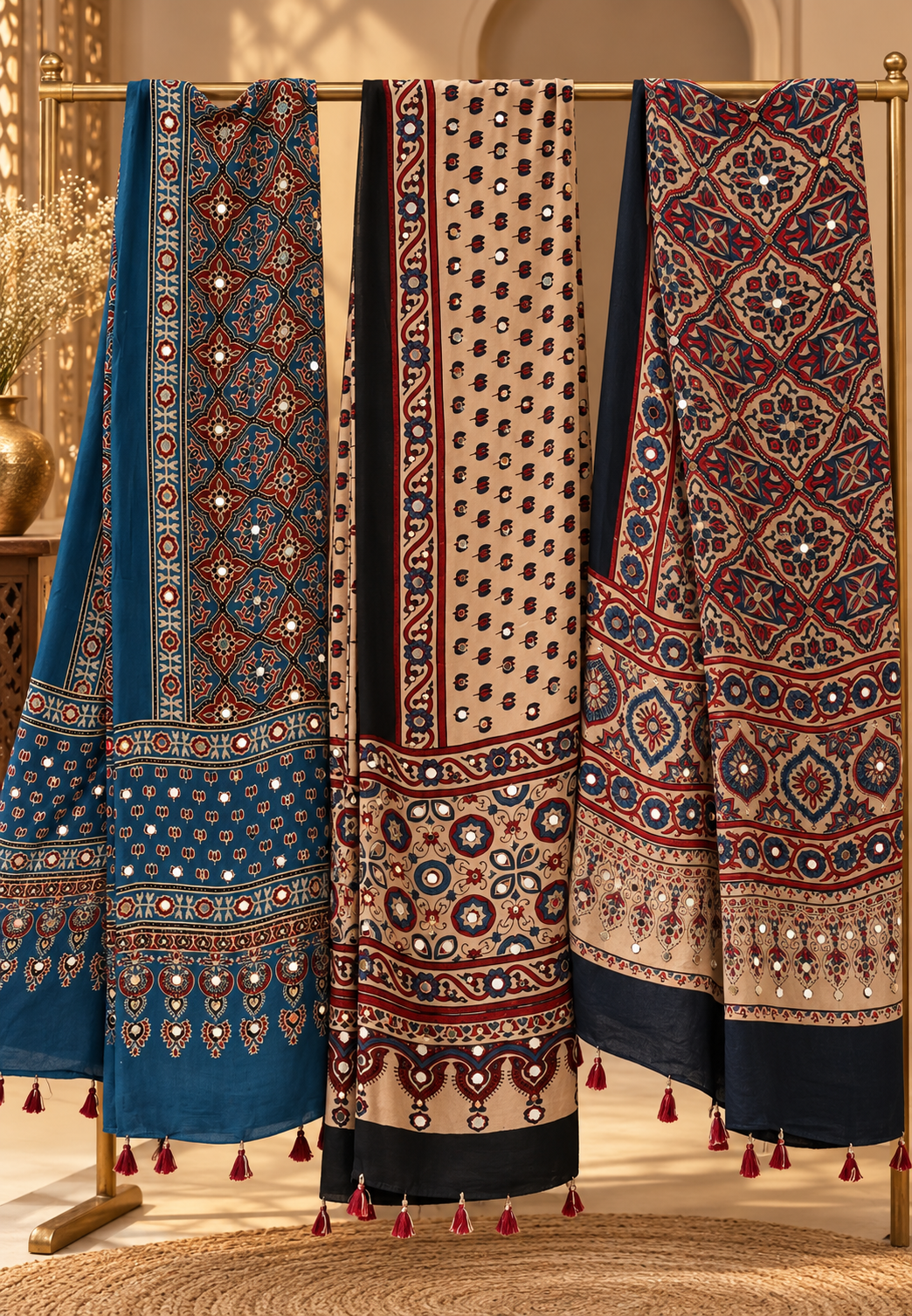 Ajrak Print Dupatta Mural Satin Fabric With Stick on Real Mirror Work- 16398