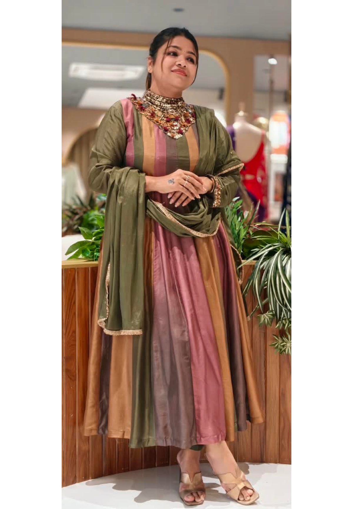 Heavy Sequin Thread Tassels Detailing Neckline Multicolor Panels Premium Silk Anar Pre Order Booking