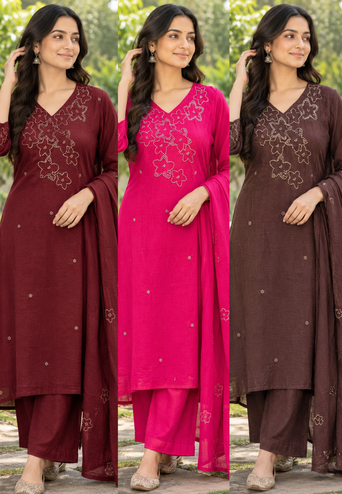 Katha Stitch Embroidered Star Accent Premium Cotton A-Line Full Suit Set With Matching Dupatta- 17014