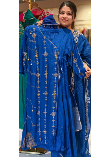 Royal Blue Delicate Golden Placement Handwork Festive Elegance Angrakha Pattern Russian Silk A-Line Full Suit Set With Dupatta- 15813
