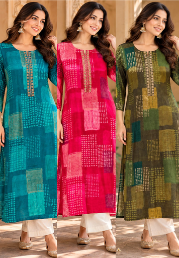 Muslin Fabric Embroidered Yoke Tie-Dye Print Kurti Only- 16606