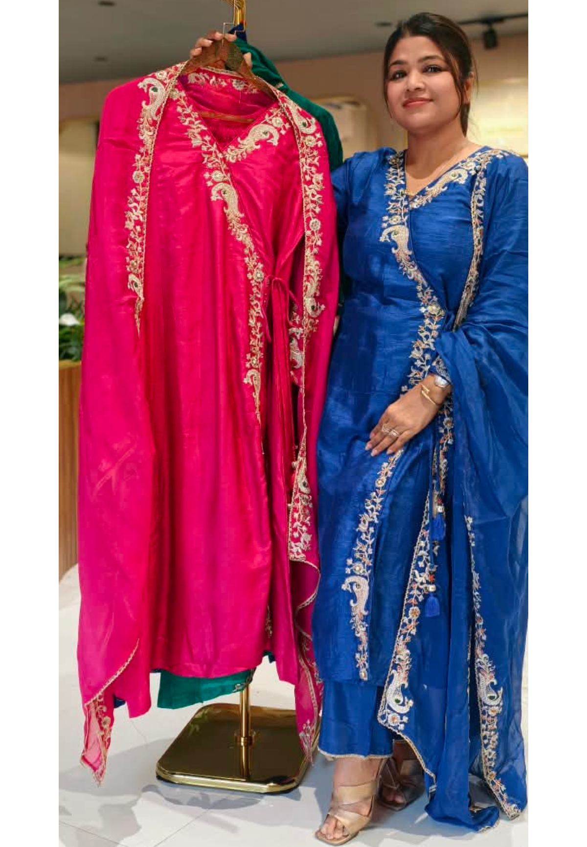 Fine Intricate Morni Floral Vine Embroidered Detailing Angrakha Pattern Russian Silk A-Line Full Suit Set With Dupatta-16813