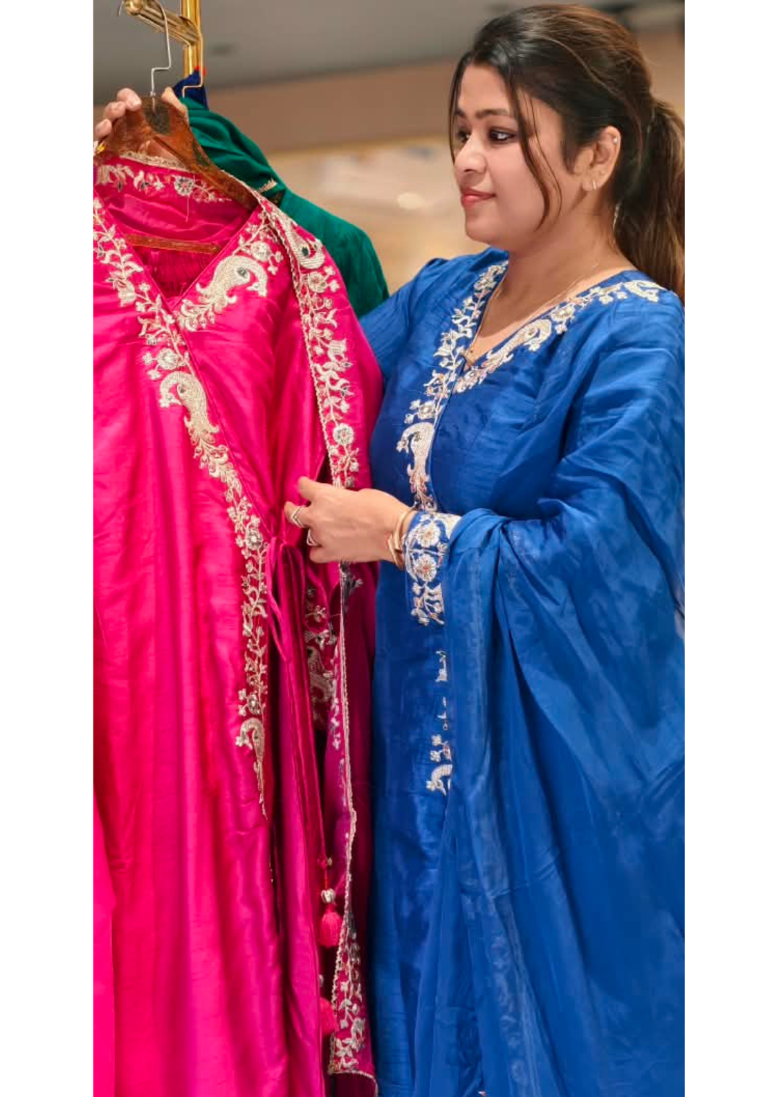 Fine Intricate Morni Floral Vine Embroidered Detailing Angrakha Pattern Russian Silk A-Line Full Suit Set With Dupatta-16813