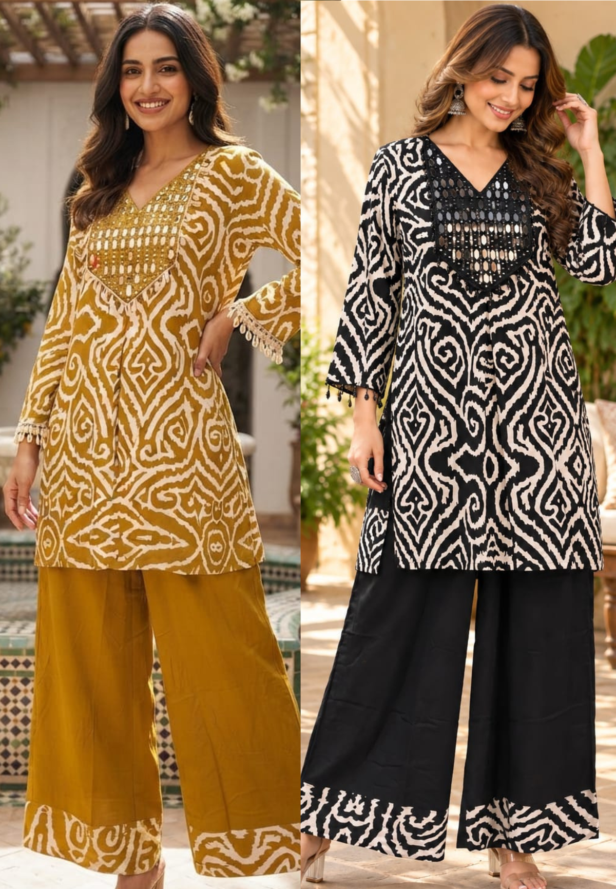 Slub Cotton Printed Kurta Pant Set with Intricate Real Mirror Work Embellished Neckline and Statement Ethnic Motif Print