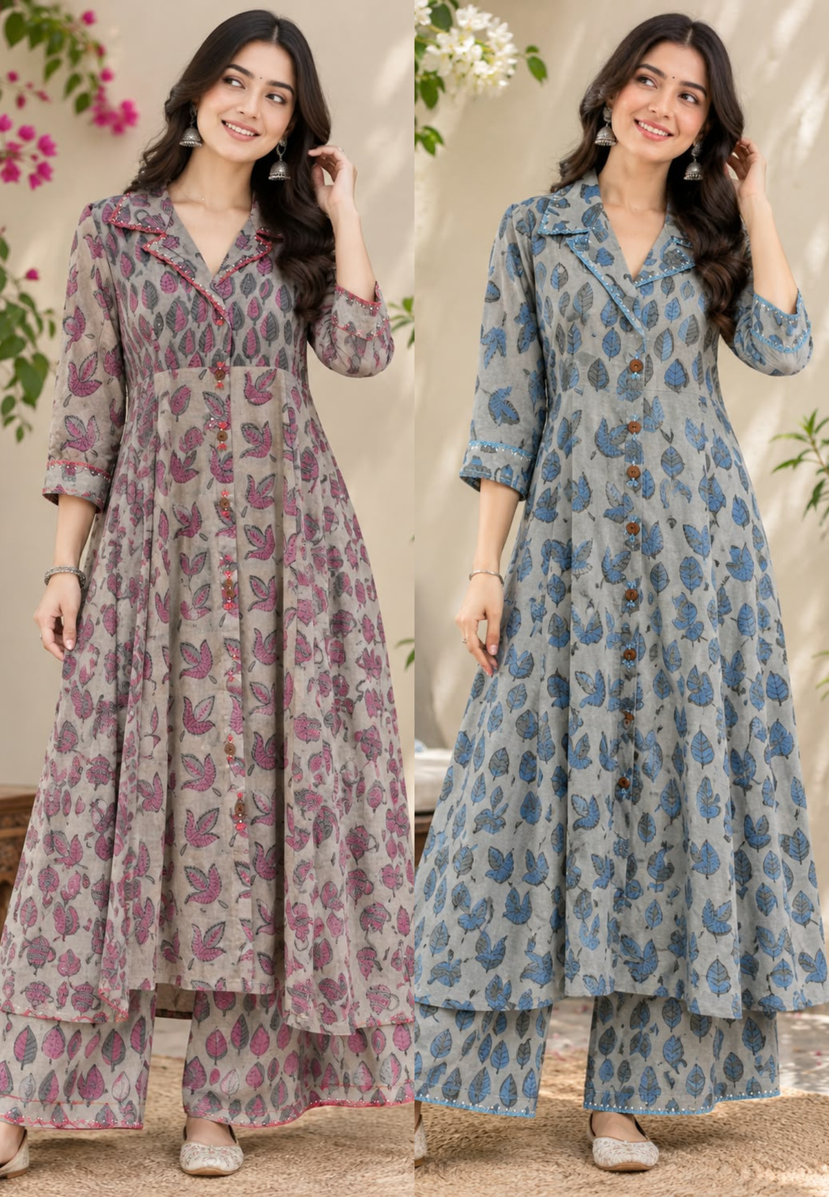 Pure Cotton Hand-Block Floral Print Collar Style Stylish Aline Kurta Pant Set-  16695