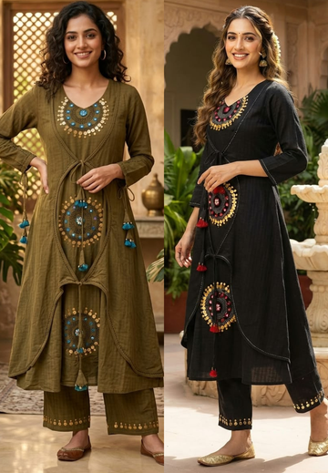 Artisanal Handloom Cotton Tribal Inspired Intricate Mirror & Sequin Work Over Lap Knots Kurta Pant Set- 16699