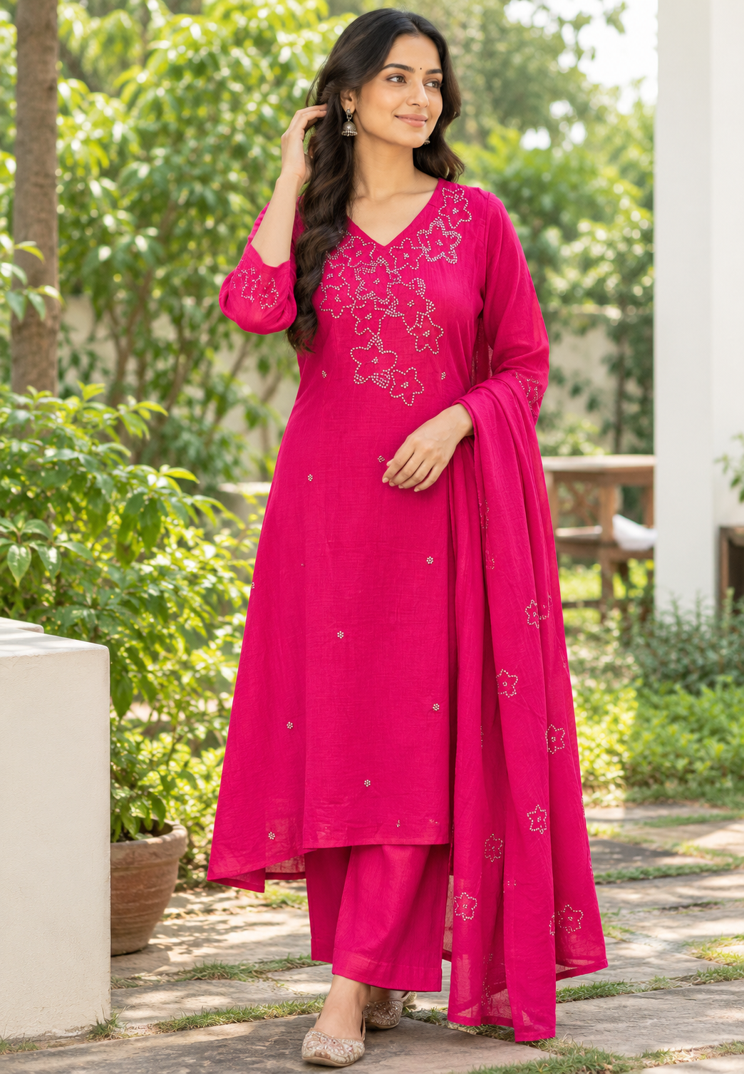 Katha Stitch Embroidered Star Accent Premium Cotton A-Line Full Suit Set With Matching Dupatta- 17014