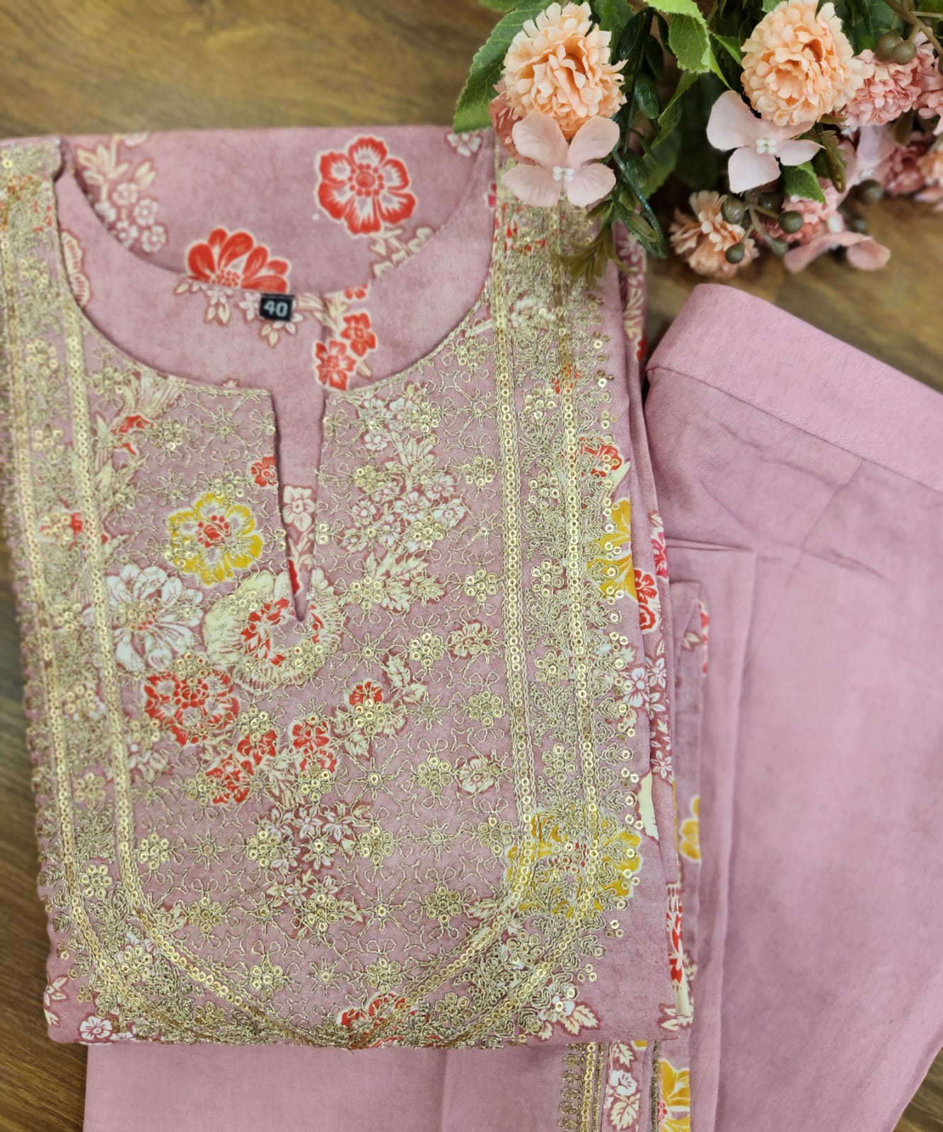 Floral print embroidered muslin  full suit with dupatta 0135