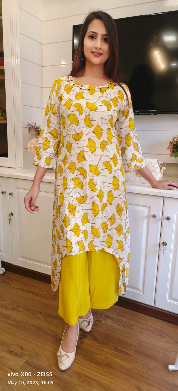 Yellow Stylish Indo western floral up and down kurta with loose pant  co-Ord set  (set of 2)