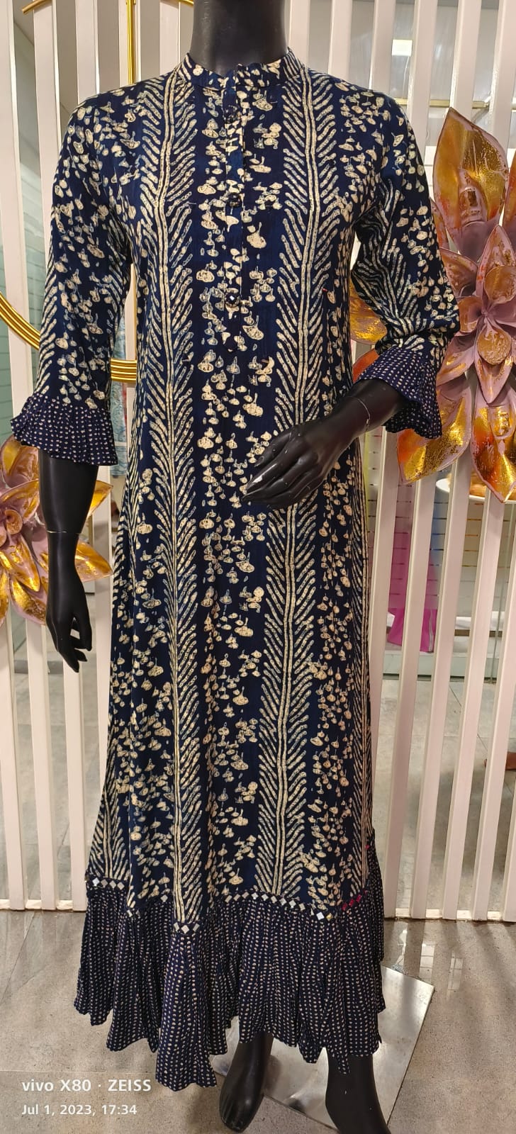 Slub cotton Aline style floral printed Gown