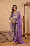 Beautiful purple floral  cotton printed embroidery Gown with cotton dupatta (Set of 3)