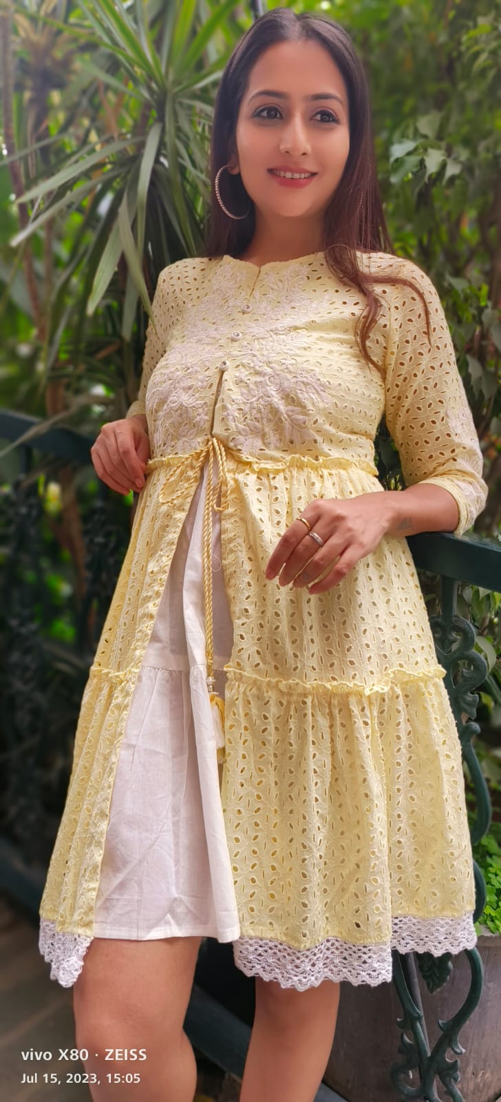 Lemon yellow hacoba cotton knee length frock with inner and crosia lace