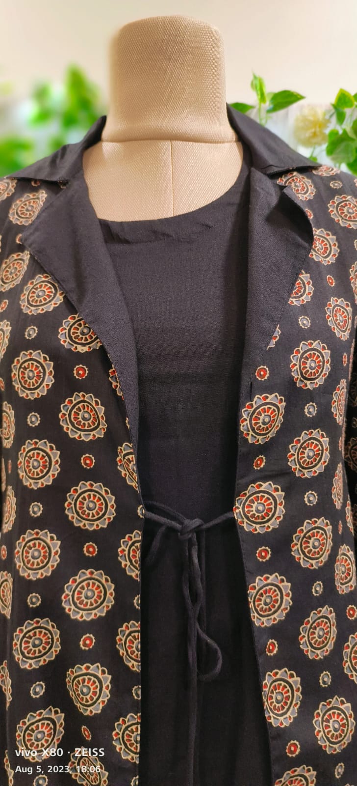 Black Indo-western cotton kurta with pant croptop and black printed jacket set of 3{KURTAPANT-OM-02074}{