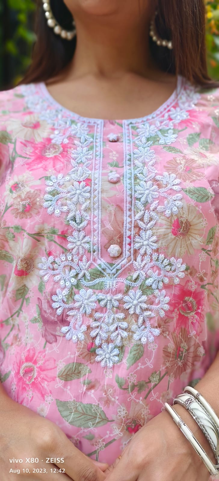 Beautiful pink printed floral pearl embroidery kurta with pant set of 2 -01795}