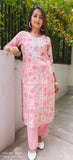 Beautiful pink printed floral pearl embroidery kurta with pant set of 2 -01795}