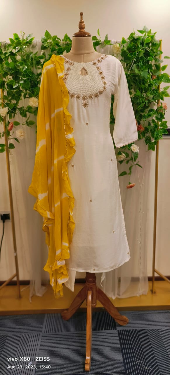 Pearl with zardozi Silk embroidered lining kurta pant and ruffle lehriya georgette dupatta full set of 3-02293}