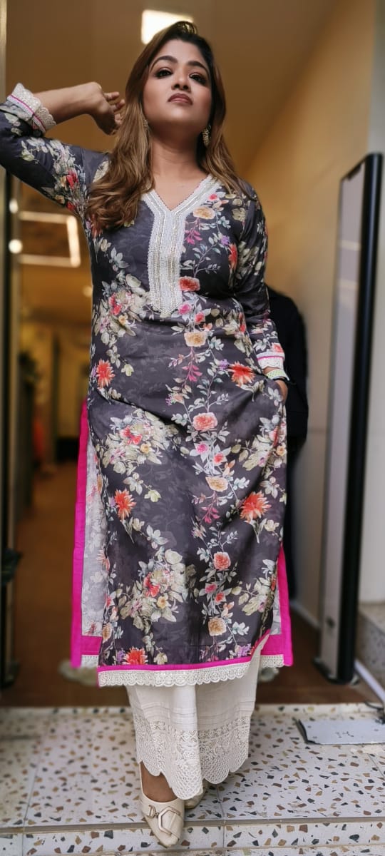Muslin floral print  pearl with cutdana work beautiful embroidered only kurta DRY WASH ONLY Ready to Dispatch-02425)