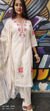 Beautiful Offwhite embroidered V-neck cotton kurta with pant and Cutwork dupatta-02494}
