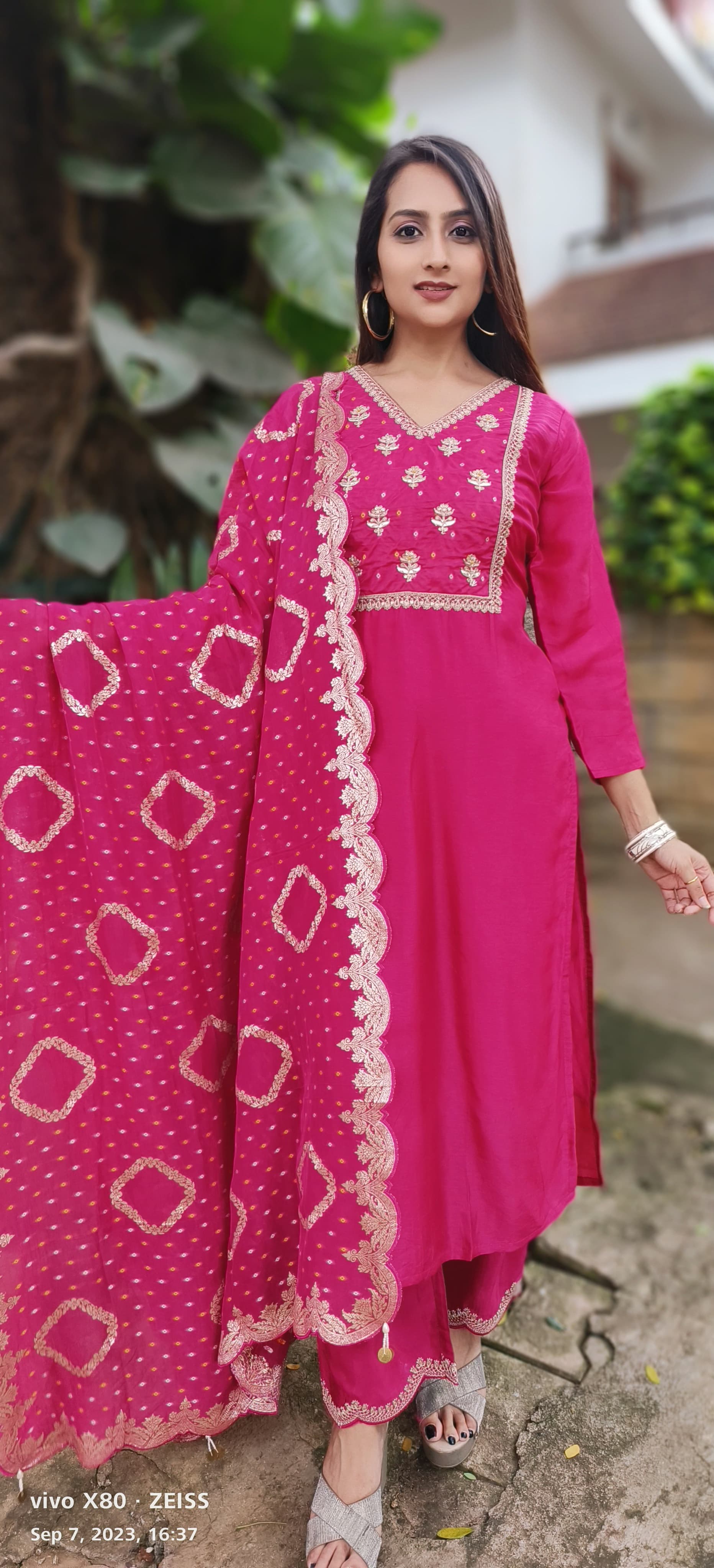Gotta with Zari embroidery silk kurta with pant and floral georgette dupatta (set of 3){FULLSUIT-MAI-02401}