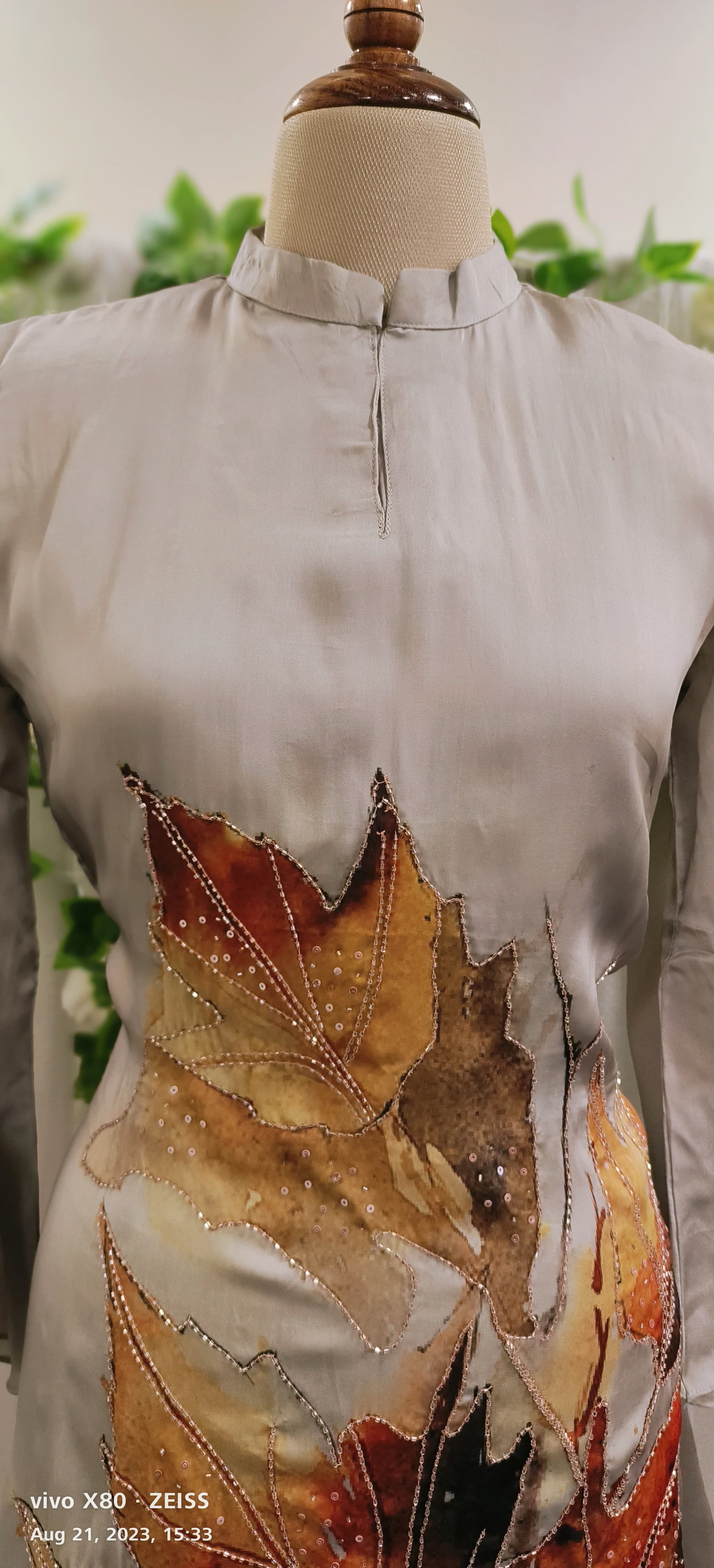 Leaf Print collar stylish kurta up and down with pant  DRYWASH {KURTA PANT-HAZ-02266}