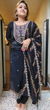 Beautiful black thread embroidery muslin kurta with pant and embroidery dupatta set of 3 {FULLSUIT-JC-02524}