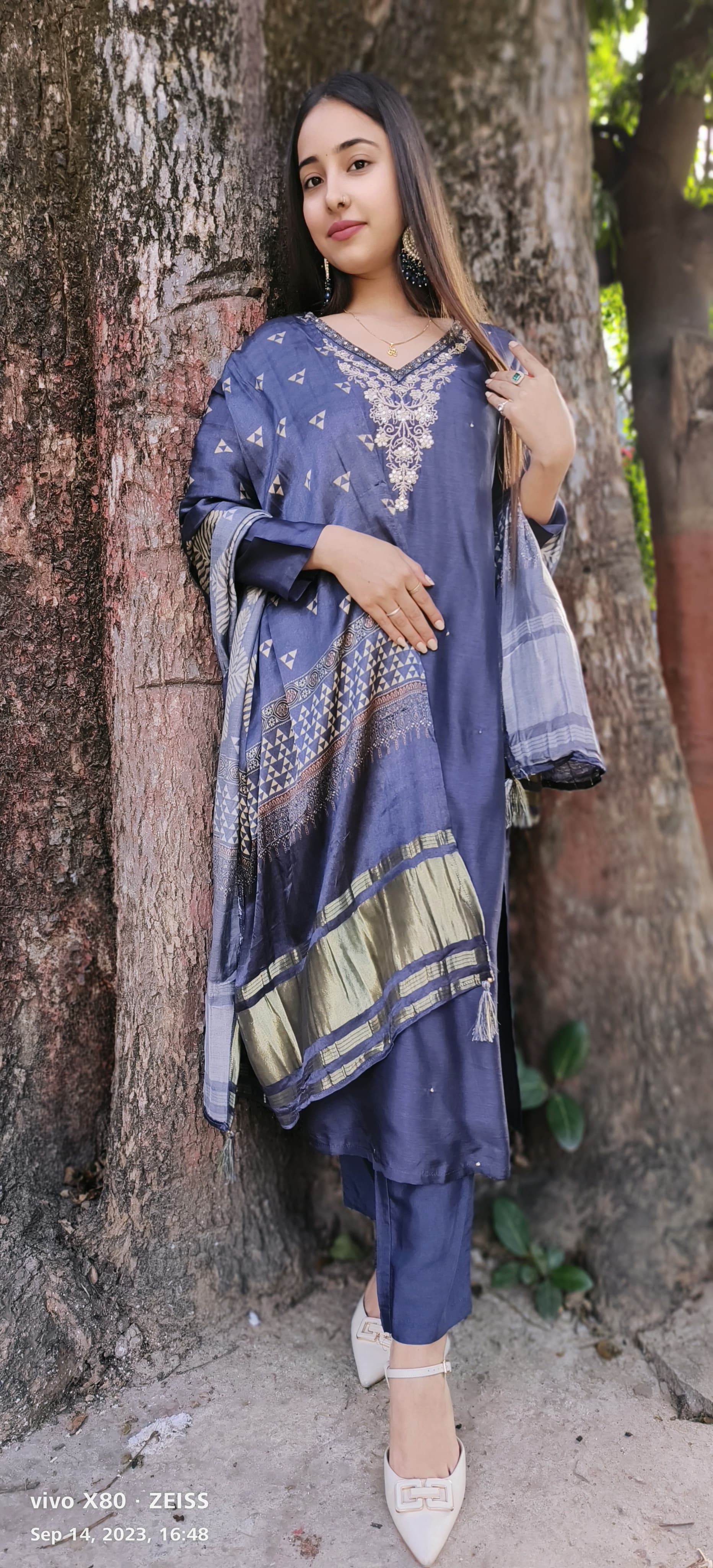Beautiful embroidered V neck and Gajji silk dupatta Full Set of 3 DRYWASH-02563}