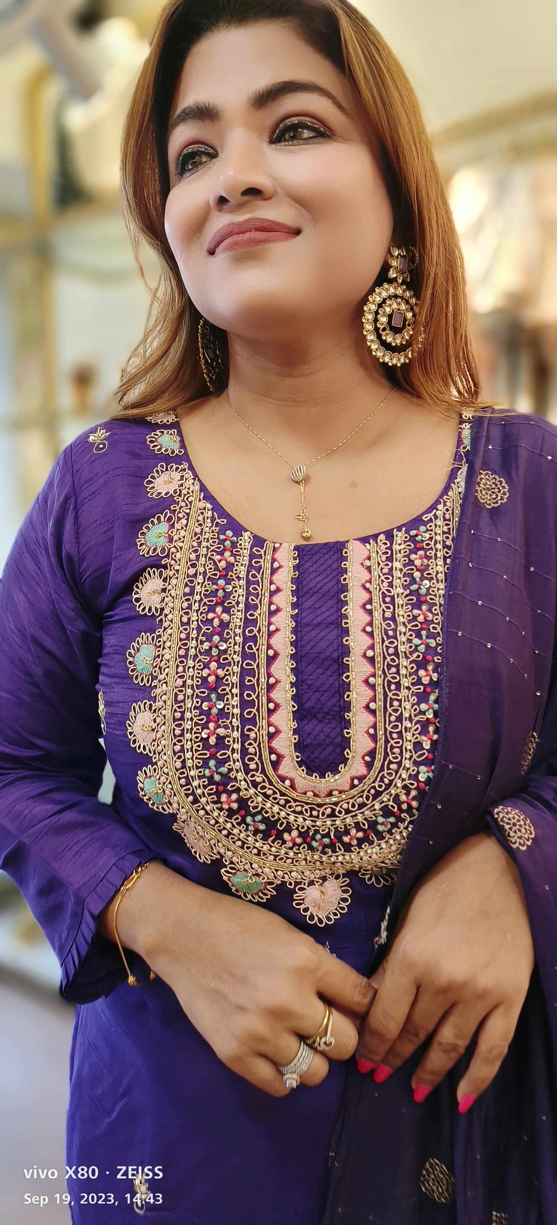 Silk beautiful yoke embroidered kurta with pant and  dupatta  (02619}