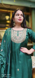 Bottel Green Hand Embroidery silk kurta with pant set and beautiful dupatta DRY WASH-02726}